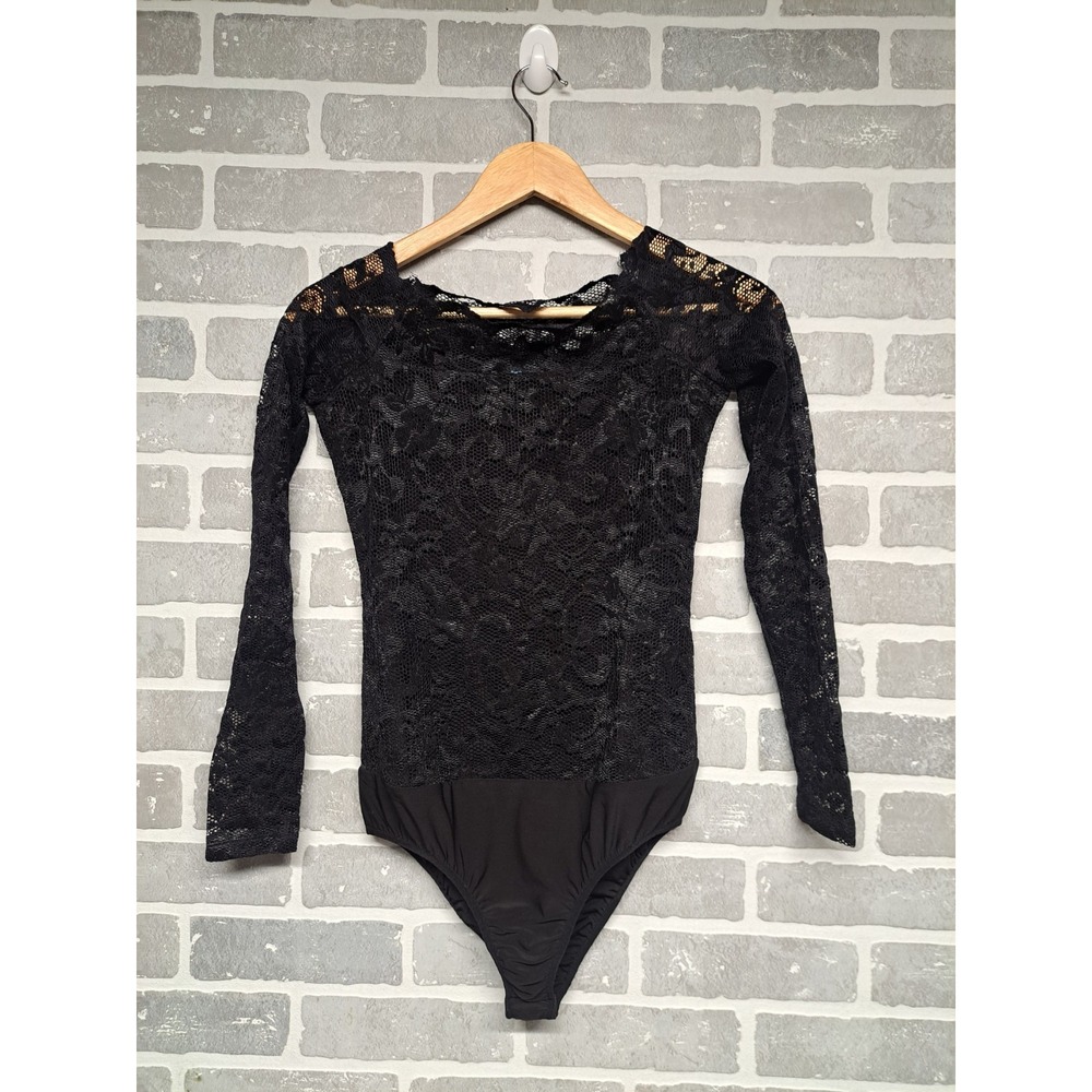 Antonio Melanie  Black Stretch Flocked Lace‎ Off-The-Shoulder Bodysuit Size XS